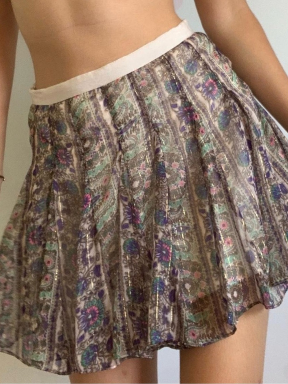 AEO Coquette Sheer Overlay Godet Flared Panels Mini Skirt Multi Floral/Metallic